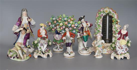 Eight porcelain figures and a floral encrusted thermometer